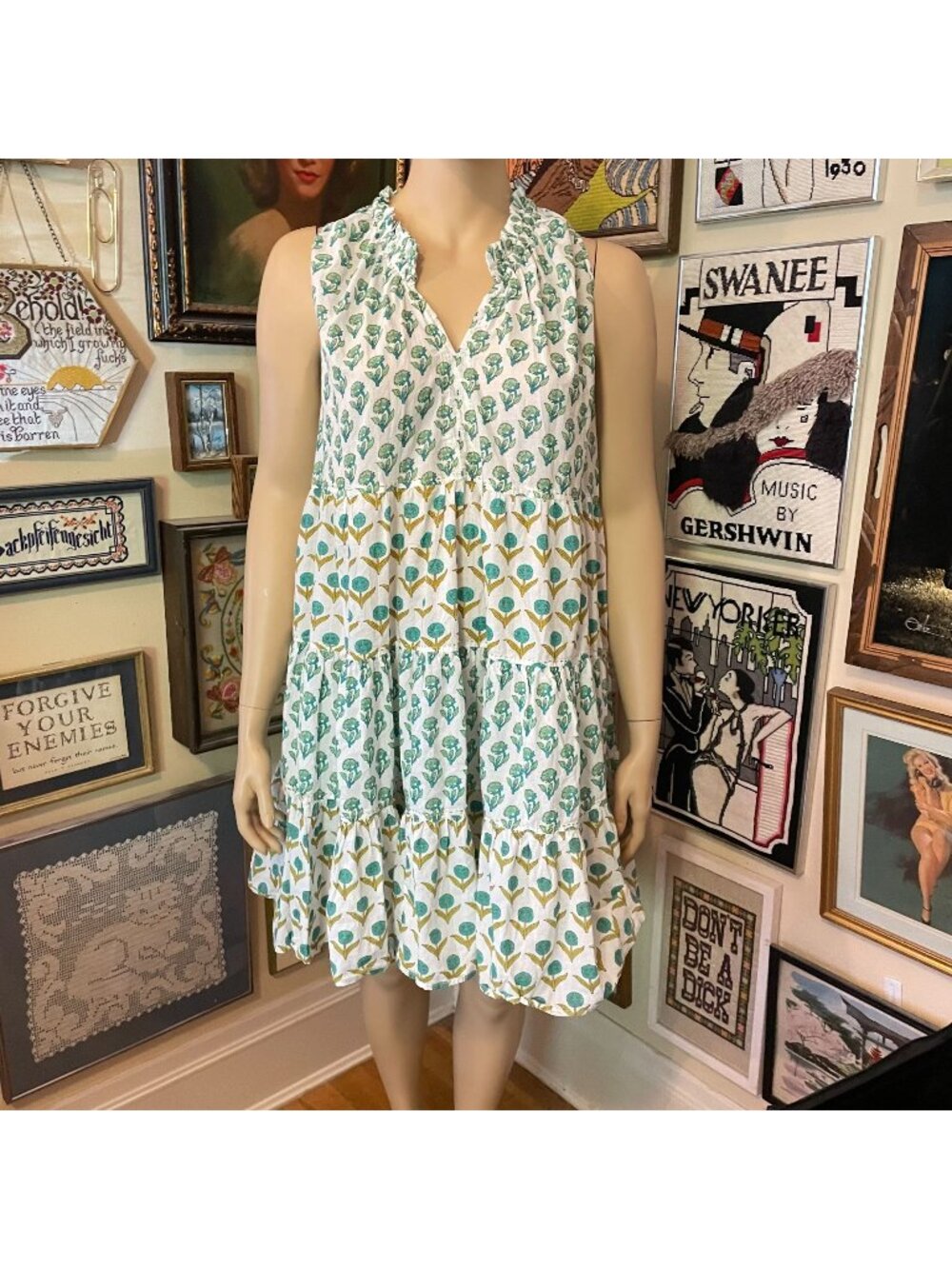 Chelsea & Theodore Green & Yellow Floral Tiered Cotton Sleeveless Dress 3X